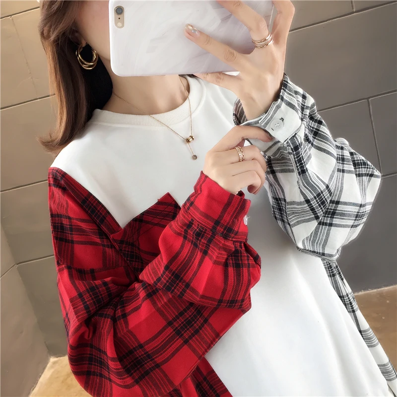 

Hoodies Women Patchwork Long-sweatshirts Pullovers Retro Designer Oversize Koean Style Trendy Daily Outwear Females Spring Chic