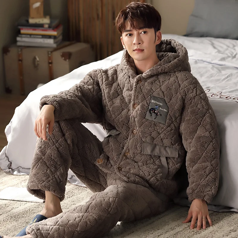 

Winter men's plush cotton long sleeve trousers home casual warm two sets