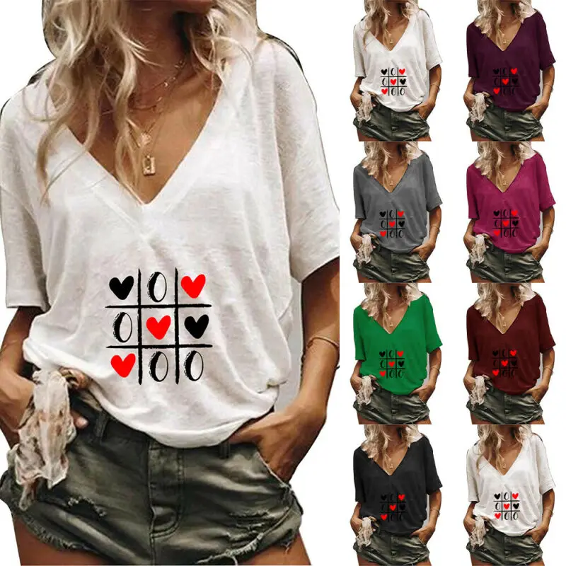

V Neck Short Sleeve T-Shirt Female Heart Printed Casual Tees Women's t Shirt Summer Ladies Tops