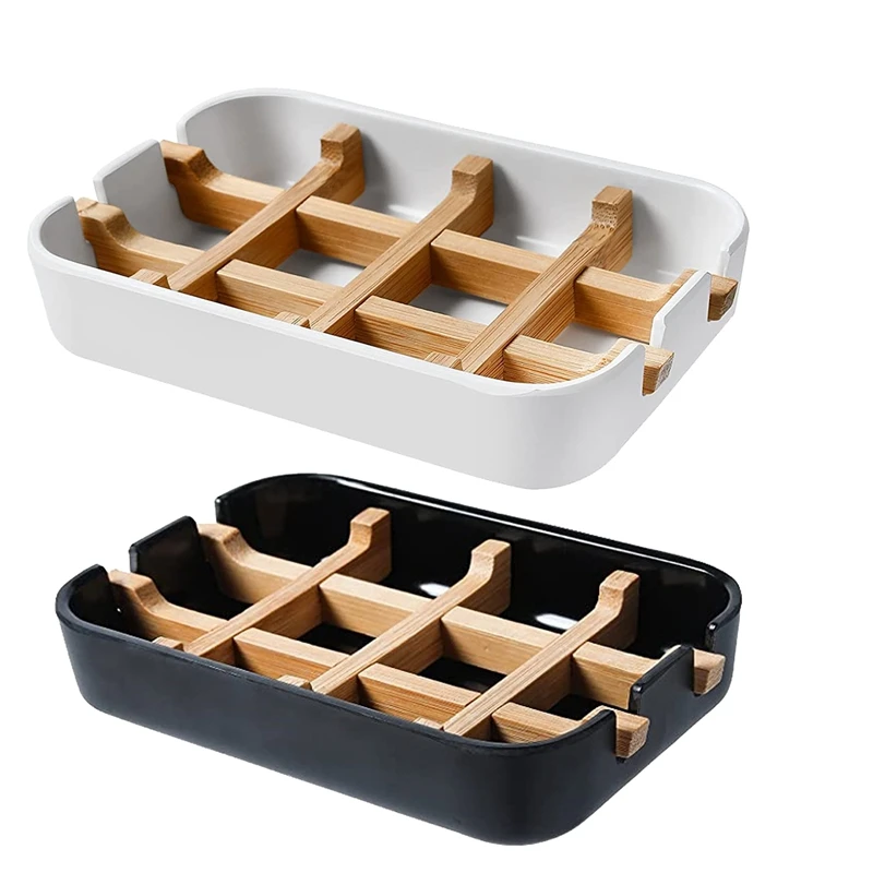 

New 2 Pack Wooden Soap Dishes for Bathroom Bar Soap Holder Shower Soap Box Sink Deck Bathtub Shower Tray (Black,White)
