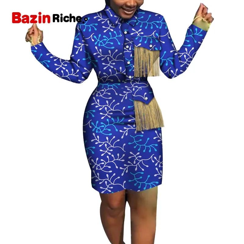 

Gold Tassels African Women Blouse Skirt Suit Two Pcs Skirt Suit Fashion Lady Long Sleeve Shirt and Slim Wrap skirt Set WY7317