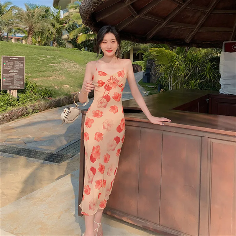 

Real shot 2021 new fashion lady sexy elegant retro bag hip print holiday dress