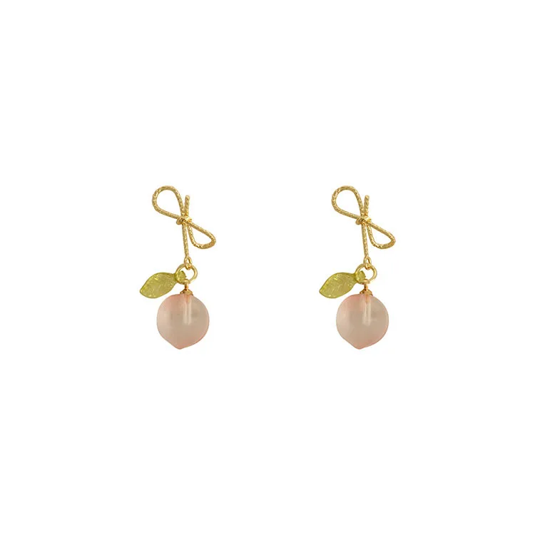 

2021 new silver needle summer peach peach bubble Japanese style girl bow glaze earrings fresh and simple fashion women's earring