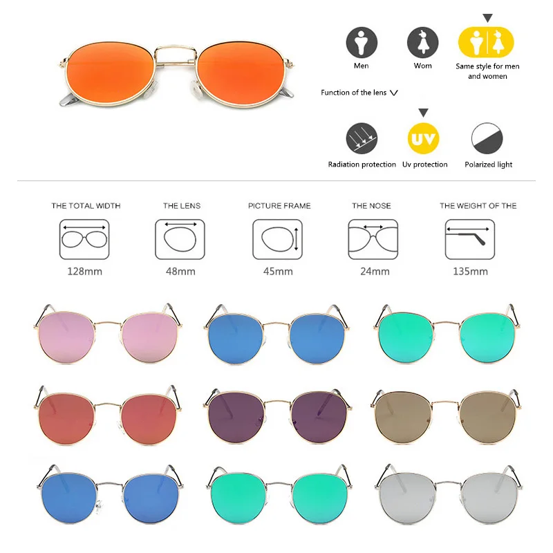 Солнцезащитные очки в круглой металлической оправе UV400 для мужчин и женщин |