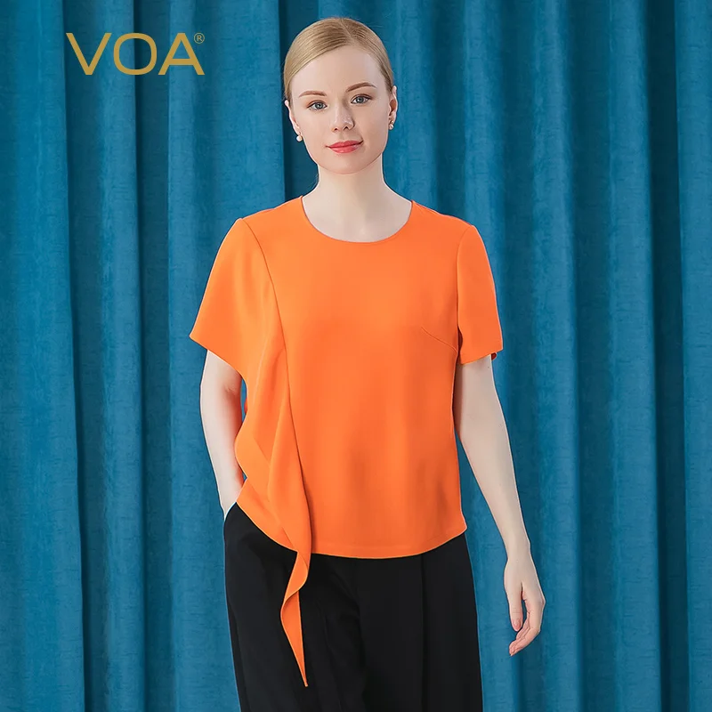 Kaufen VOA Seide 30 Mt/mt Schwere Orange Rundhals Asymmetrische Rüschen Nähte Kreative Kurzarm Gerade T-shirt Frauen T-shirt BE386