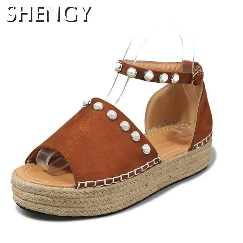 

2020 Women Sandals Peep Toe Women Shoes Summer Flat Platform Ladies Sandals Pearl Hemp Weave Beach Female Shoes Plus Size