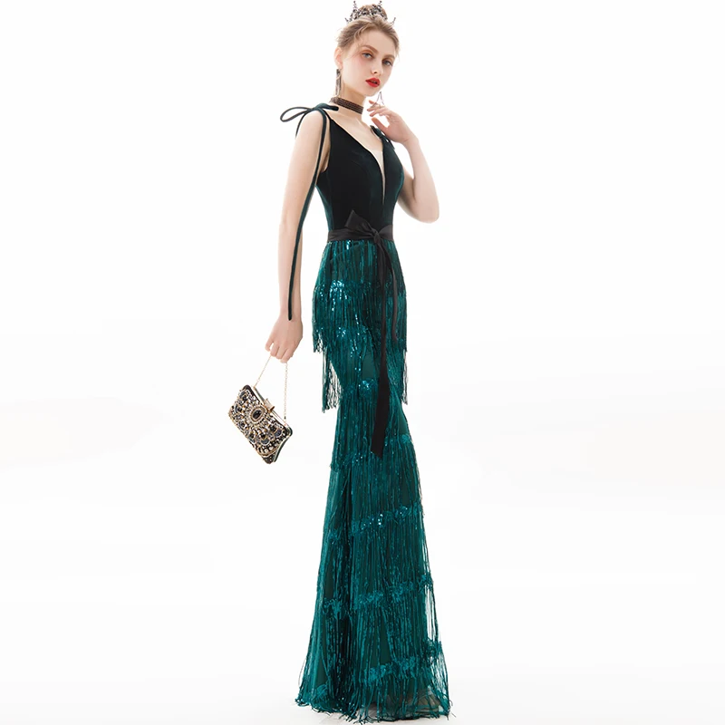 wei yin AE0380 Long Evening Dress Green Sequins Tassel Fashion Spaghetti Strap Party Gowns Formal Zipper Prom Dresses | Свадьбы и
