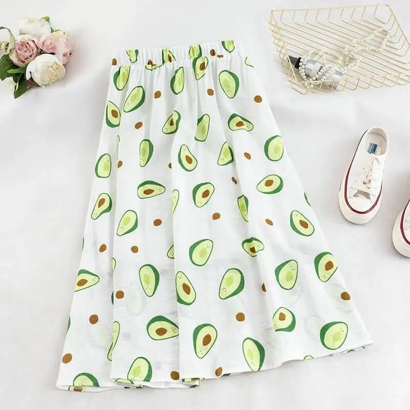 

2021 new summer Korean loose girl student mid length skirt foreign style avocado print skirt
