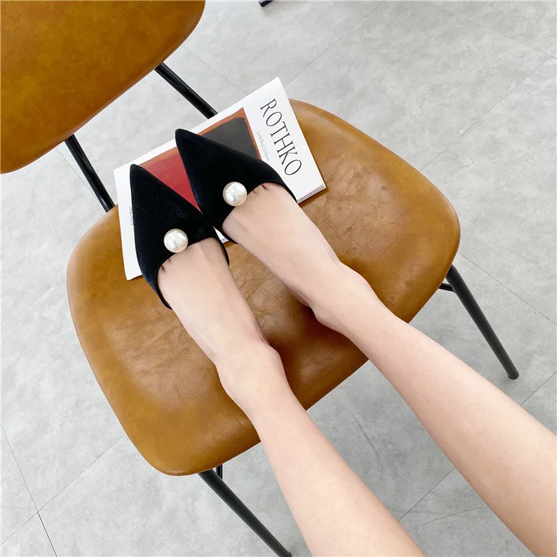 

Shoes Pointed Toe Ladies' Slippers Loafers Thin Heels Mules For Women 2021 Med Flat Cover Scandals Rome Basic PU Slides Fabric S