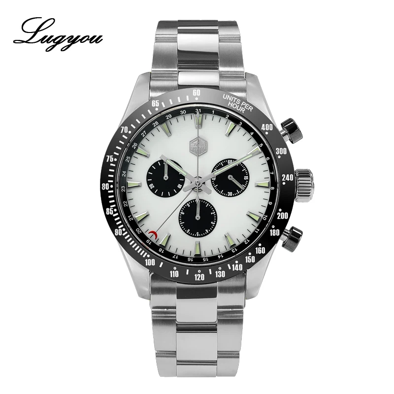 Bracelet White Lugyou San Martin Quartz Watch Men Chronograph Timepiece Sun ray Metal Band Sub Dials Pusher Sapphire 100m Water Resistant Glow - Цвет: Bracelet White