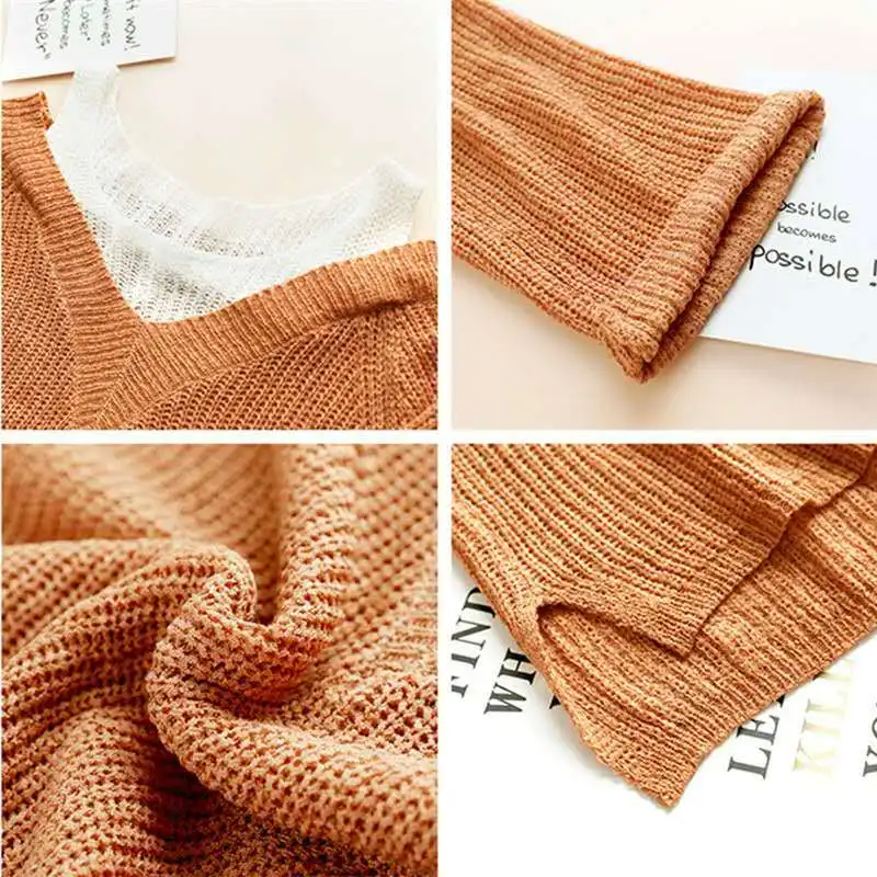 

Fall 2021 Women Fake Two Long Sleeved Off-the-shoulder Knitwear Loose Blouse Woman Female Sweaters Autumn Casual Tops HOWDFEO
