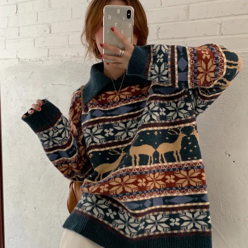 

2020 Autumn Winter New Korean Version Christmas Camouflage Pullover Lapel Sweater Jacquard Knitted Pullover Sweater Top свитер