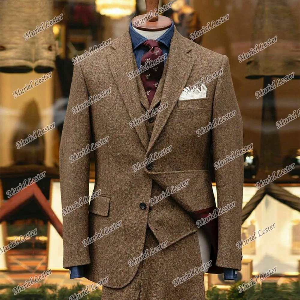 Фото Зимние твидовые шерстяные мужские костюмы в елочку коричневая Толстая куртка +