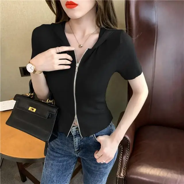 

Hooded short sleeve T-shirt women's summer high waist slim 2021 new design feeling minority zipper split short top