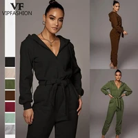 vip fashion casual solid one shoulder hooded bodycon jumpsuits women workout spring winter wide leg pants overalls femme