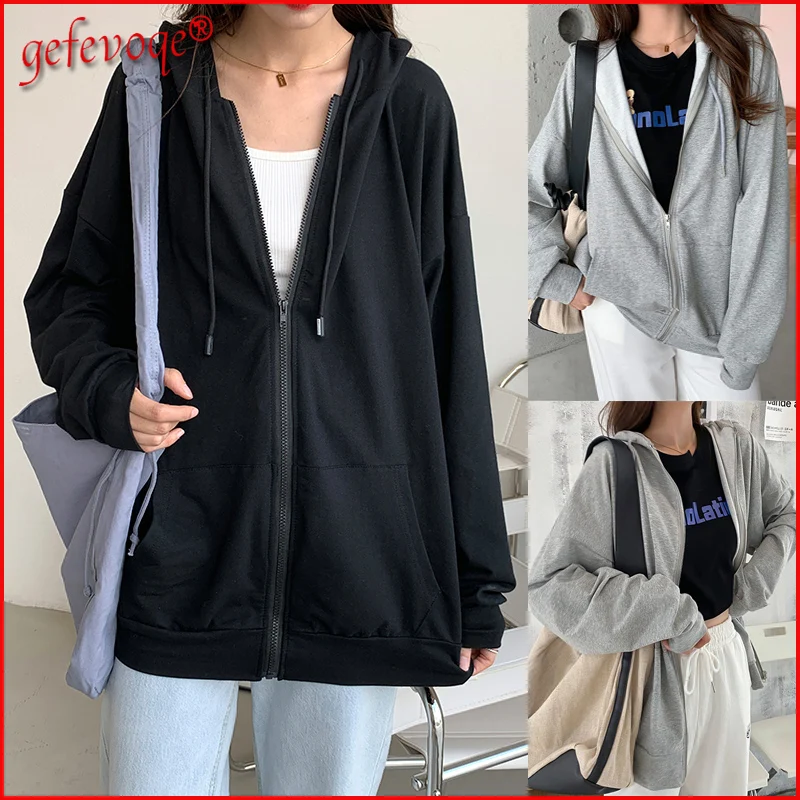 

Hoodies Women 2021 Harajuku Korean Loose Long Sleeve Hooded Jacket Coat Retro Solid Streetwear Casual Zip Up Student Sweatshirts