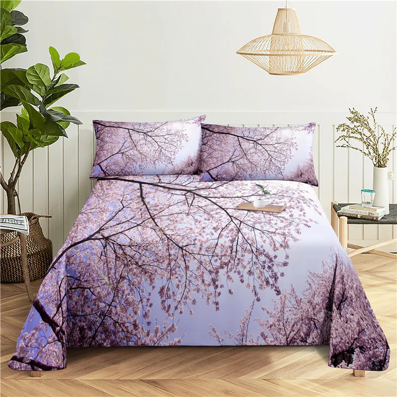 

Cherry Blossoms 0.9/1.2/1.5/1.8/2.0m Digital Printing Polyester Bed Flat Sheet With Pillowcase Print Bedding Set