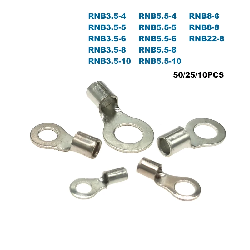 50/25/10Pcs Ring Bare Cord End Crimp Terminals Electrical Naked Wire Cable Connector RNB3.5/5.5/8/22 Ferrules 4-25mm2 12-4AWG