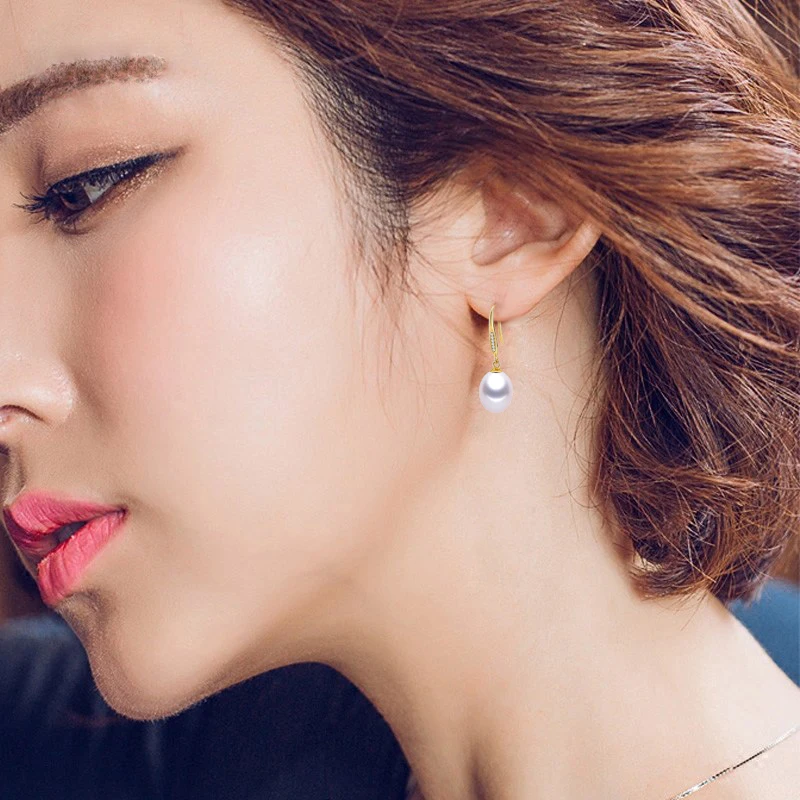 

Real Anti allergic Real 18k Solid Gold Earrings,Wedding White Freshwater Pearl Drop Earrings Fine Jewelry Women