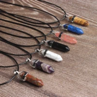 linxianghexagonalcolumn necklaces natural crystal pendant stone pendant leather necklace mens and womens fashion jewelry amule