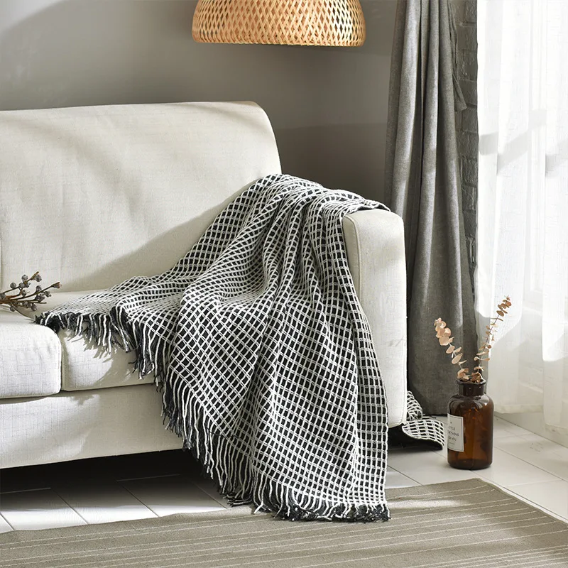 

Nordic Sofa Couch Throw Blanket With Tassels Travel Air Condition Black Khaki Waffle Knitted Blankets Bed Decorative