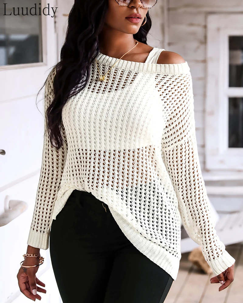 

Women Solid Long Sleeve Hollow Out Sweater