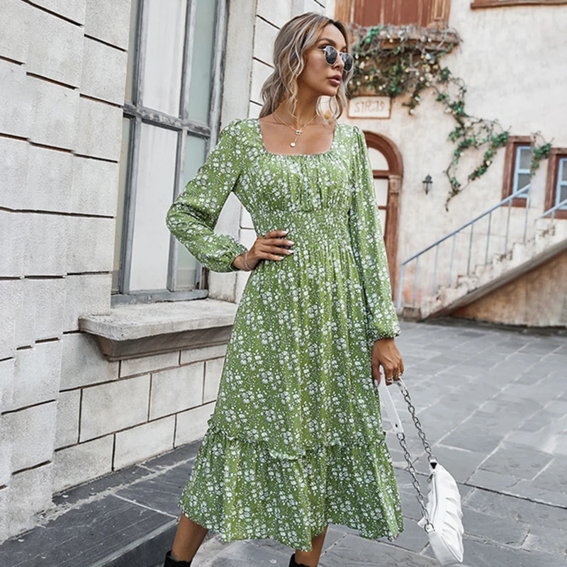 Женщины на осень зиму Дейзи платье с цветочным рисунком фонарь длинным рукавом
