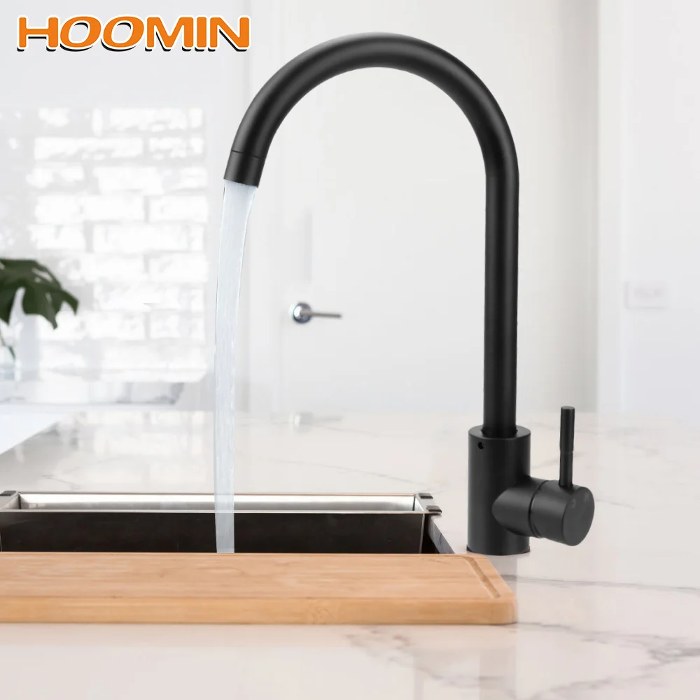 

Кухонный Смеситель HOOMIN, вращающийся кран из нержавеющей стали, черный выдвижной, 360 градусов, для горячей и холодной воды, кухонные аксессуа...