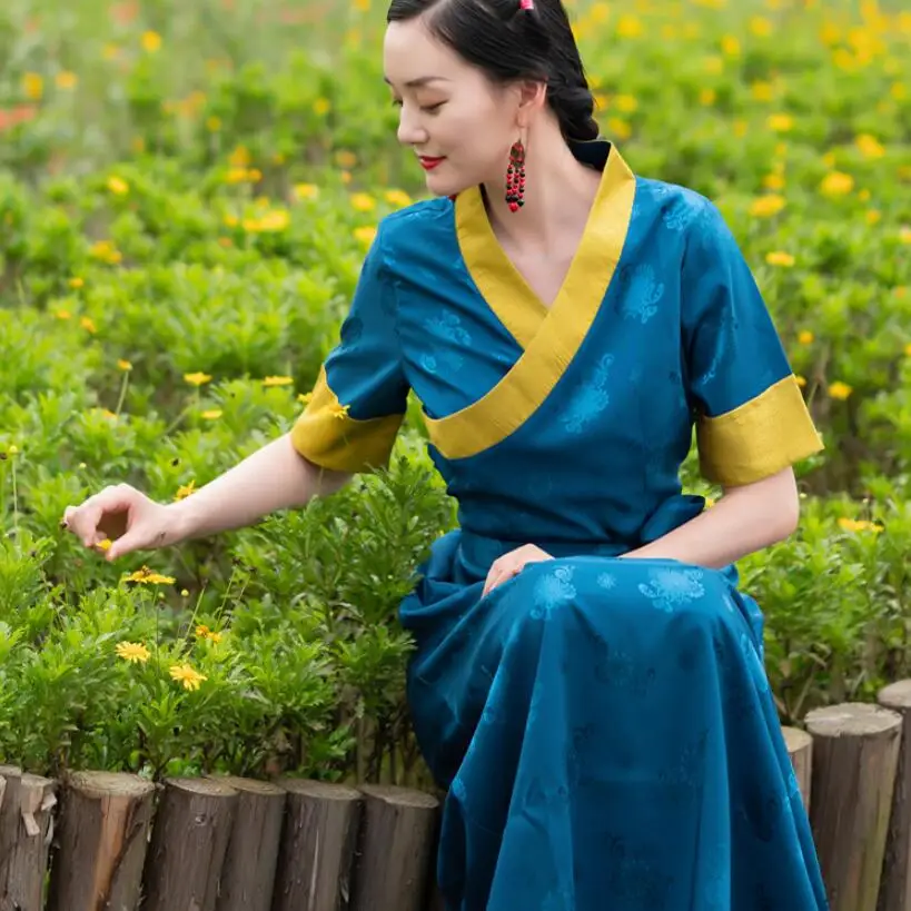 Тибетское платье с коротким рукавом женская летняя одежда шелковое в этническом