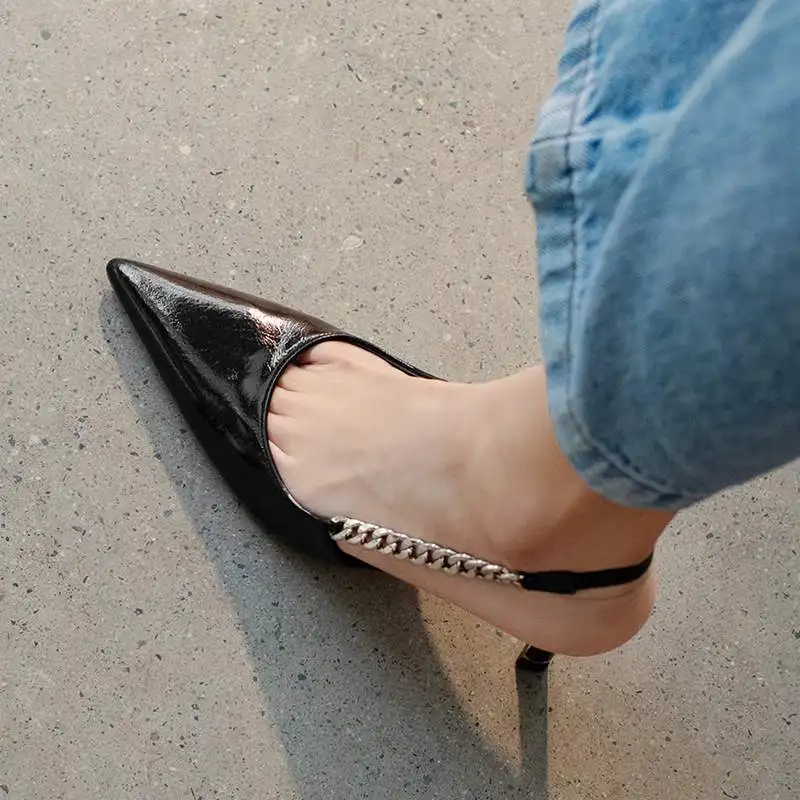 

Krazing Pot superstar big size cow leather elegant chain high heels back strap summer shoes brand runway party women sandals L13