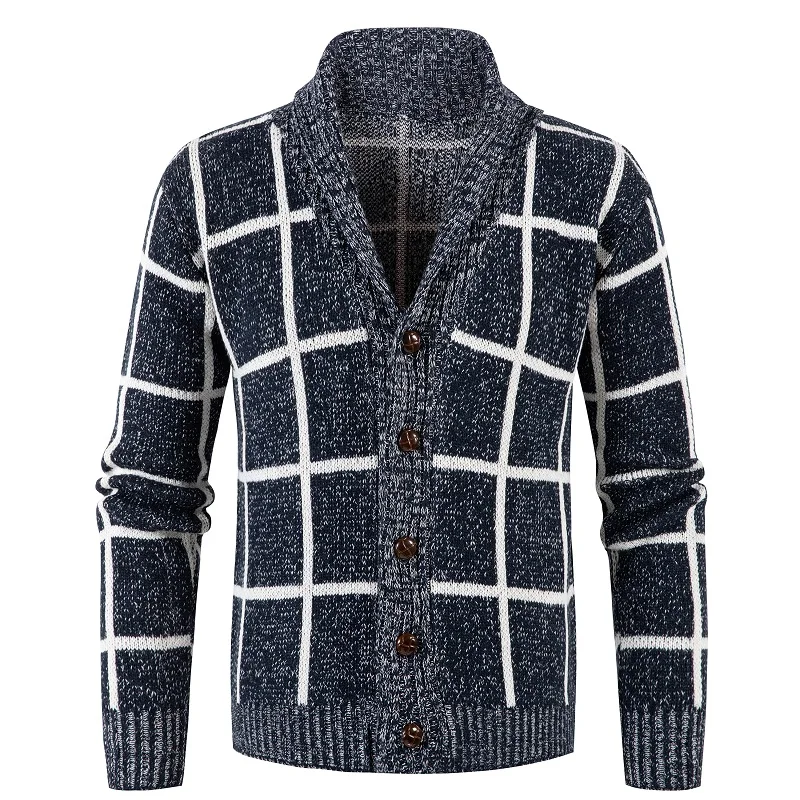 

New Cardigan Men 's Knitted Shirt V-neck Thick Sweater Coat Warm Plaid Slim Fit Button Casual Autumn and Winter