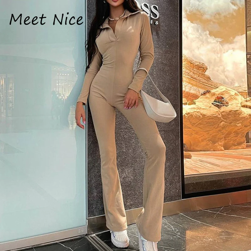 

New Women Long Sleeve Casual Long Jumpsuit Autumn Solid Color Wide Leg Green Khaki Long Romper Playsuits Streetwear