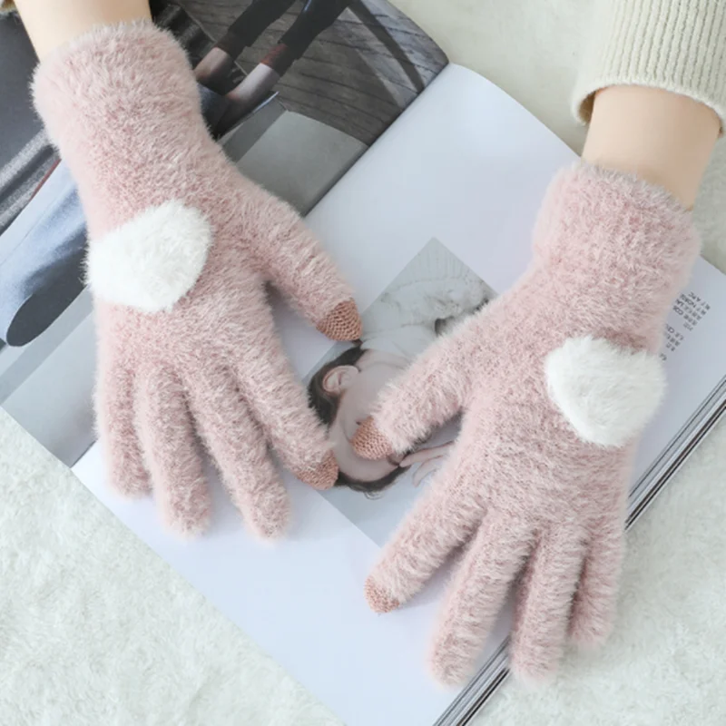 Gloves Knitted Women Touch Screen New Winter Soft Rabbit Wool Knitted Gloves Warm Lovely Girls' Pink Heart Mittens Gloves - Цвет: 1 Pair