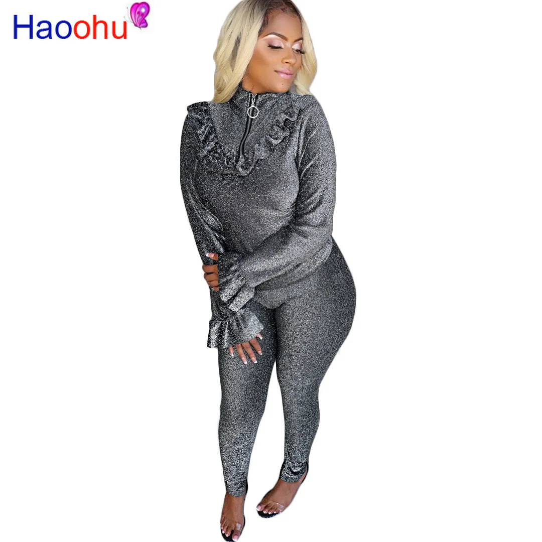 

Lurex Velvet Causal 2 Piece Set Outfits Women Long Flare Sleeve Ruffles Zipper Top and Pencil Pants Plus Size Two Piece Sets