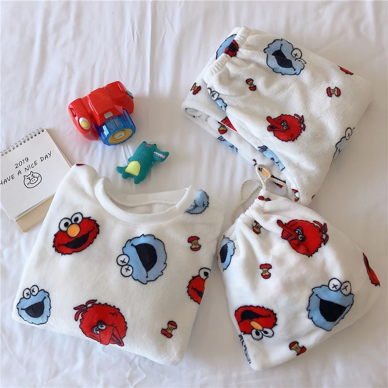 

Kawaii Cartoon Sleepwear Set Biscuits Anime Costume Ladies Women Pajamas Cookie Monster Flannel Warm Pijama O-Neck Long Pant INS