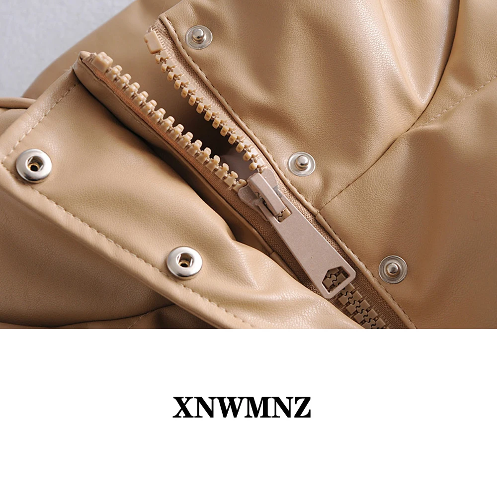 XNWMNZ Lady winter Casual Stand Collar Parkas Women Fashion Coats Women Elegant PU Leather Short Cotton Jackets Female Ladies
