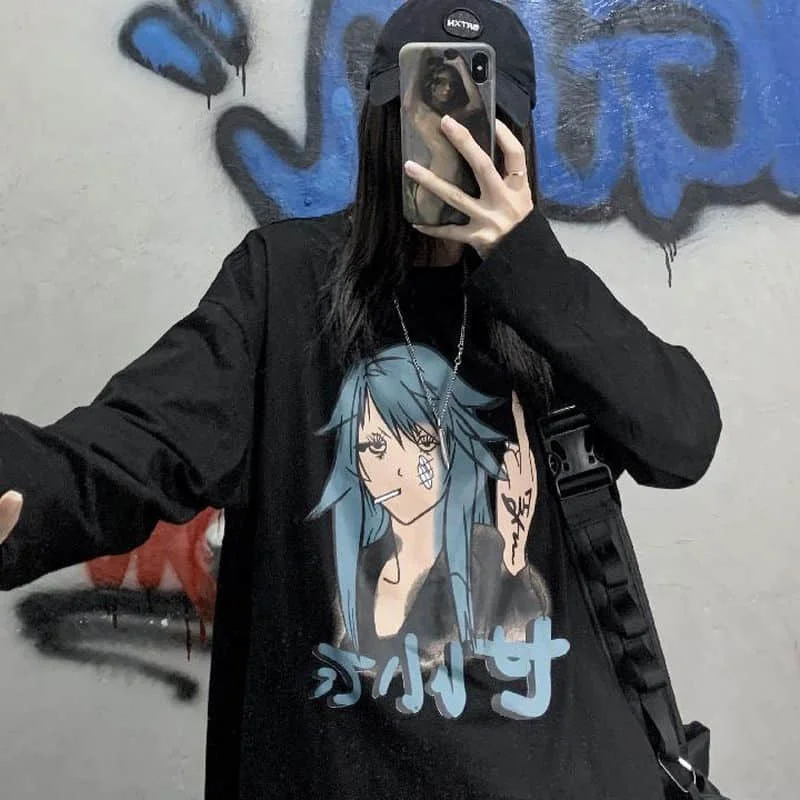 

Men's And Women's T-shirt South Korea High Street Spoof Retro Second Cartoon Loose Couple Long Sleeve T-shirt Men's And Women's