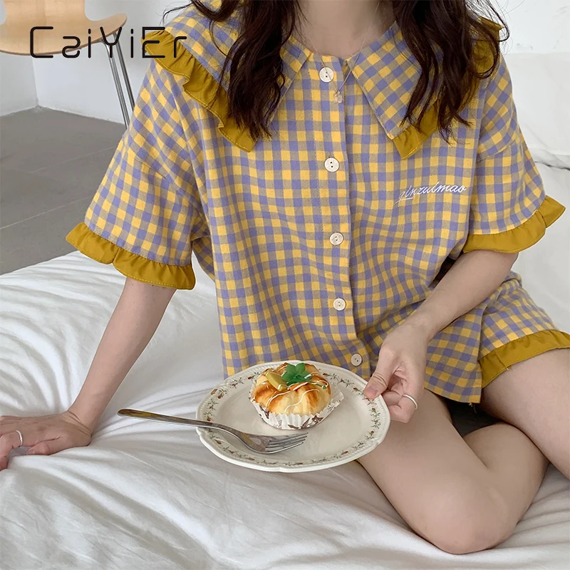 

CAIYIER Summer Women Pajamas Set Korea Plaid Sleepwear Sweet Girl Cotton Cute Peter Pan Collar Nightwear Casual Loose Homewear