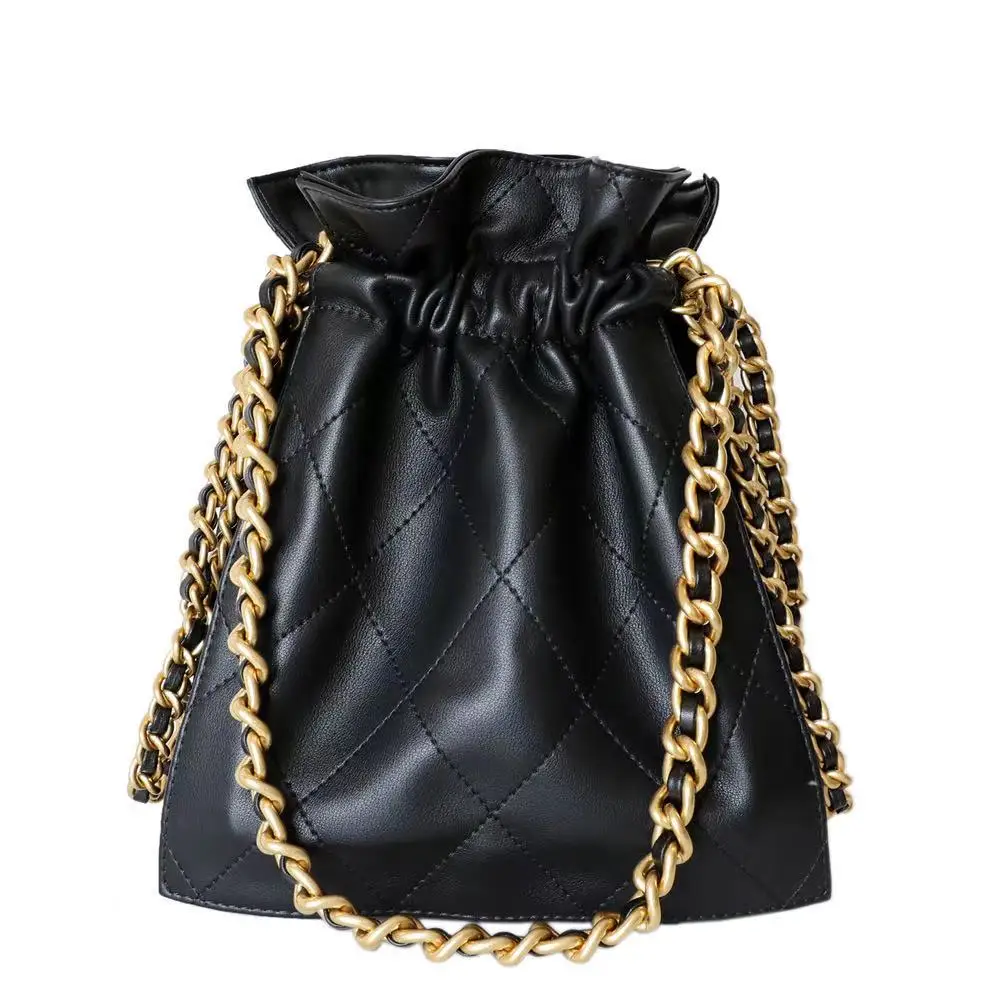 

Women Real Leather Messenger Bag Rhombus Drawstring Handbag Lady Small Mini Bucket Handbag Black Shoulder Bag Coin Purse Bag