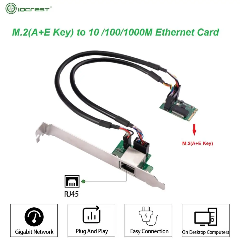 IOCREST 22x30mm M.2 A Key and E Key to 1 Port 10/100/1000Mbps Gigabit Ethernet NIC Network Card 10 100 1000mbps pcie x1 dual port gigabit ethernet network card rtl8111e chipset