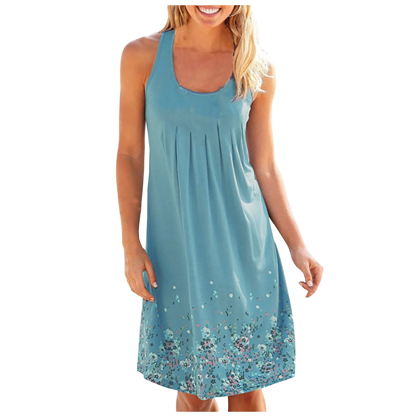 

Chest Pleated Woman Dress O-neck Plus Size Sleeveless Tank Knee-length Dress Young Style Casual Women Dresses Vestidos De Mujer