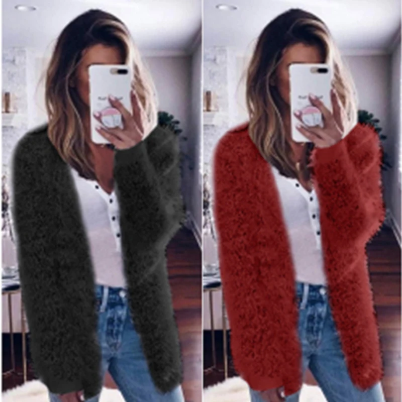 

Новый осенний S-5XL размера плюс женский модный Повседневный однотонный свободный свитер кардиган с карманами свитер однотонное пальто Вяза...