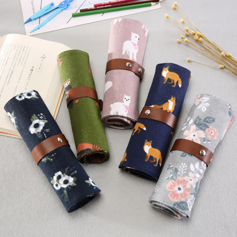 

1PC Portable Canvas Pen Bag Large Capacity Rolling Pencil Case Roll Wrap Pencil Holder Pen Storage Organizer (Green Raccoon)