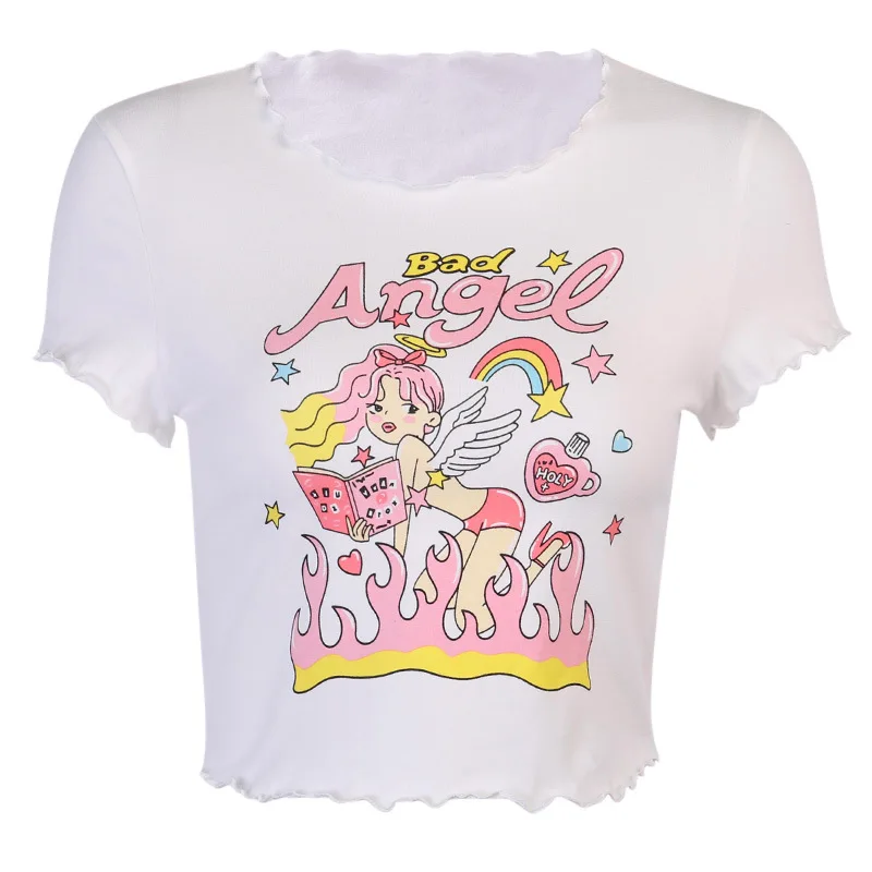 

Fanco Summer Female 2020 New Girl Angel Print Top Women Fashion Casual Fungus Exposed Navel White T-shirt
