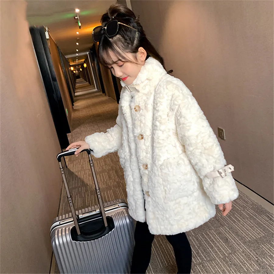 

Girls Jackets Autumn Winter Clothes Medium Long Models Girls solid Thickened Lamb Fashion Design Children's Woolen Cloth Coats