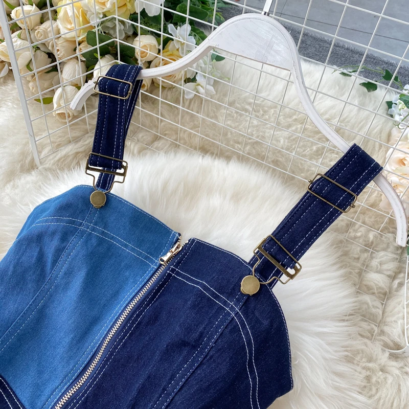 Женский джинсовый комбинезон без рукавов Облегающий с открытой спиной на молнии