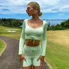 Бесшовный комплект для йоги, Женский комплект из двух предметов, короткий топ с длинным рукавом и шорты, спортивный костюм, тренировочный костюм, женский спортивный костюм для фитнеса, одежда для спортзала