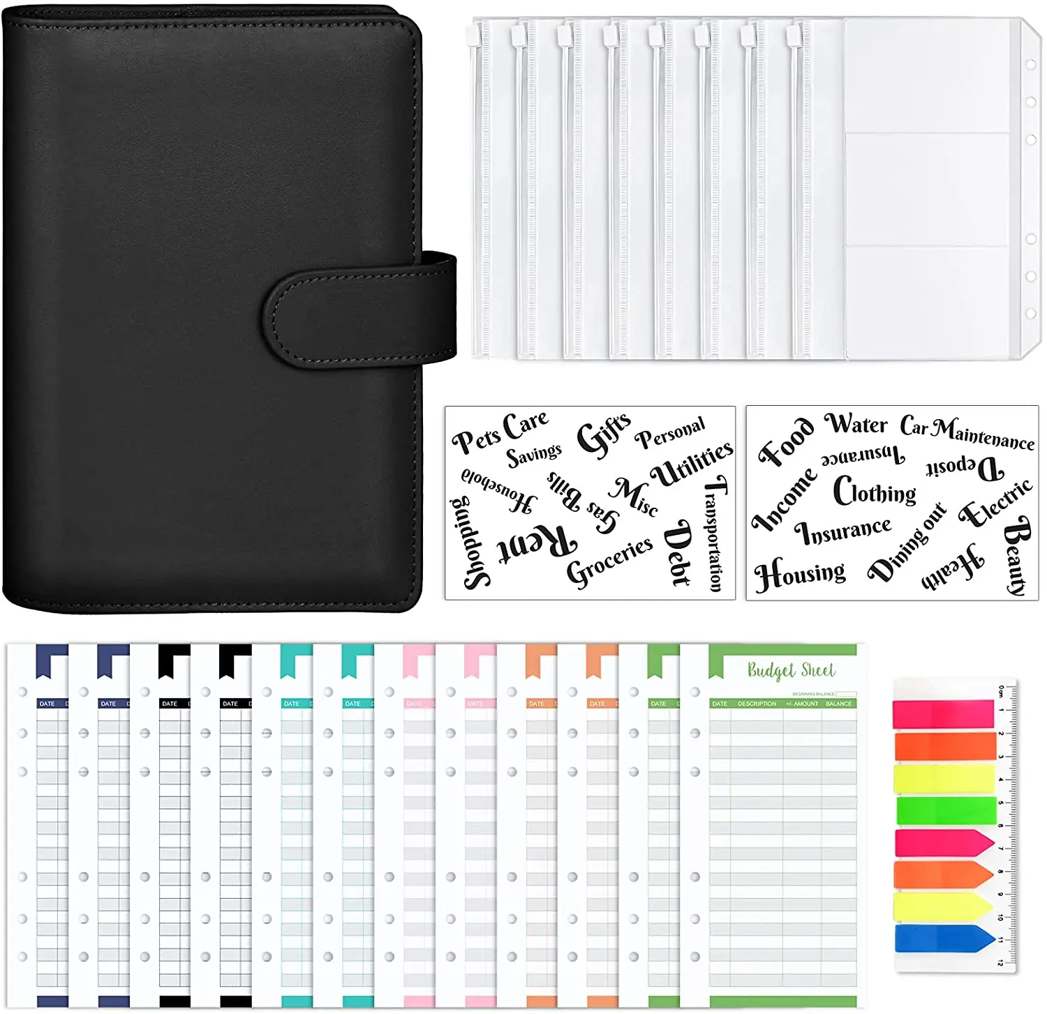 

A6 Money Saving Binder with Cash Envelopes, 8 Binder Pockets, 1 Card Bag, 12 Expense Budget Sheets, 26 Categories Letter Sticker