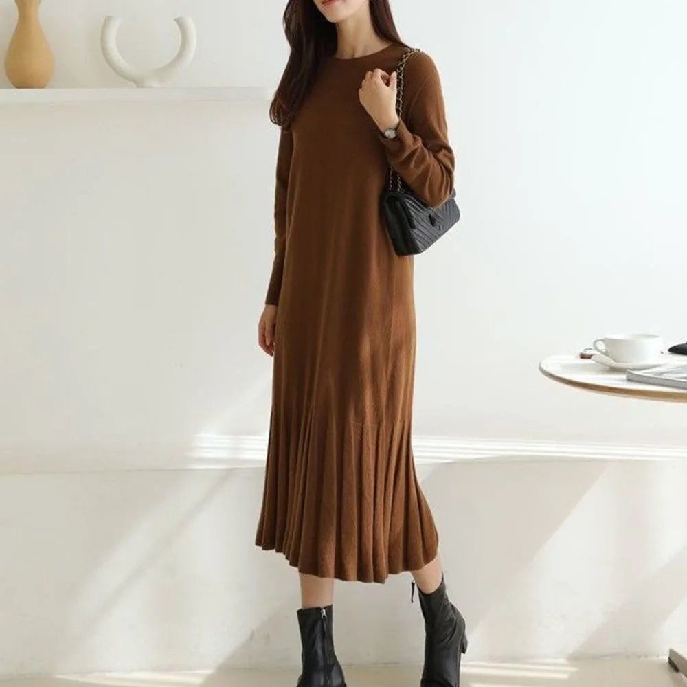 

Новинка 2021, Осеннее женское платье с длинным рукавом и круглым вырезом, однотонное минималистичное повседневное нежное классическое прямо...