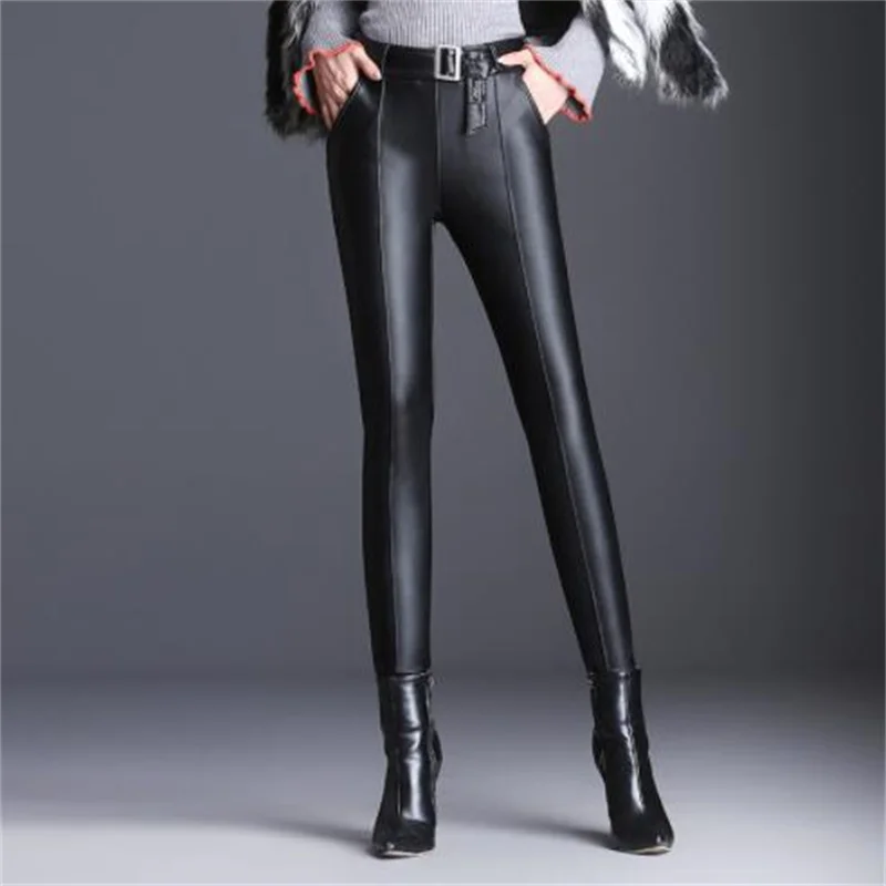 New leather pants women's trousers black high-waisted thin all-match korean casual leggings pantalones de mujer pour femme black